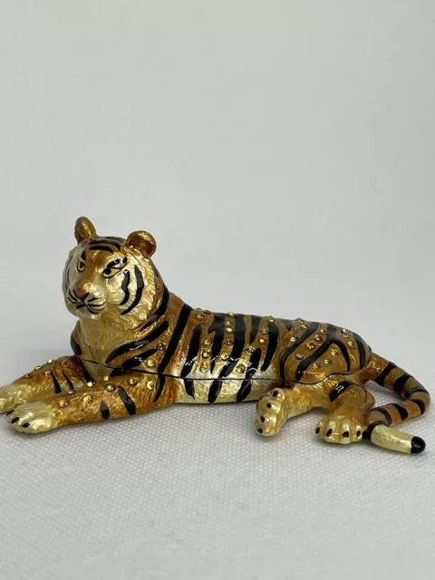 Laying Down Tiger Trinket Box. Hand Painted Brown Enamel with Swarovski Crystals