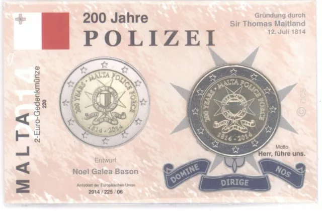 2 Euro Münze in Coincard / Infokarte Malta 2014 Polizei