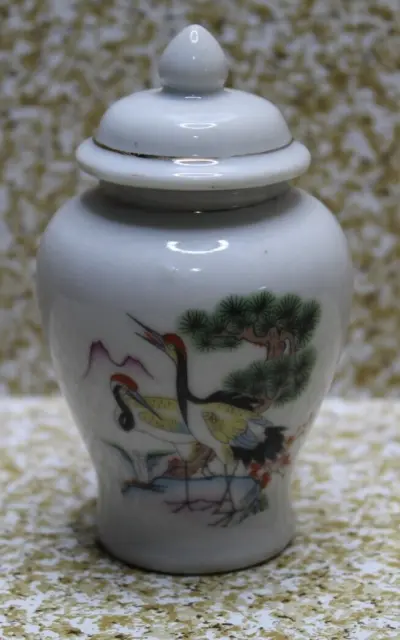 Vintage Porcelain Chinese Urn Vase White Ginger Jar Red Crowned Crane 3.5'' High