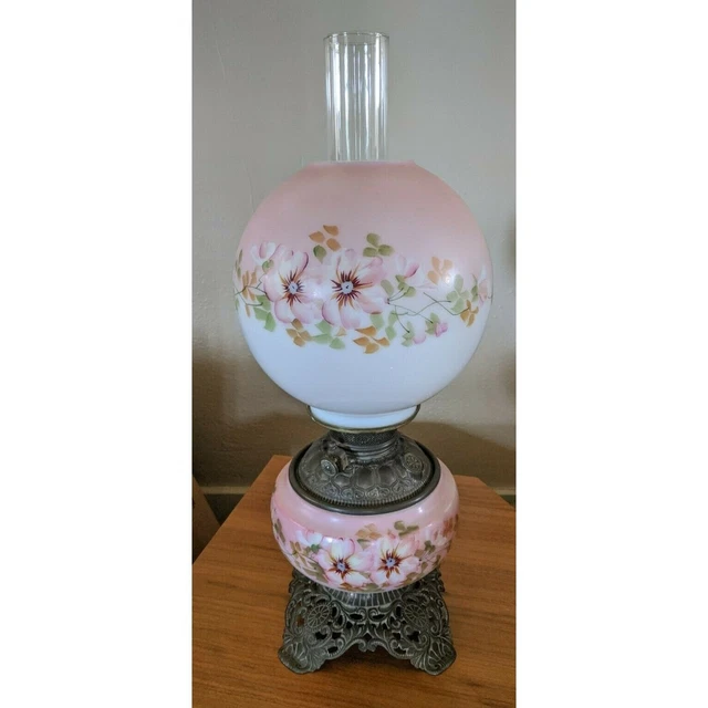 Antique Victorian Banquet Oil Lamp Kerosene Hand Painted Pink Ombre Floral GWTW