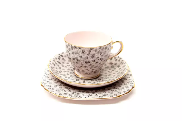 Tuscan Fine China UK 1950s Trio Pink & Black Gilt Trio of Cup Saucer and