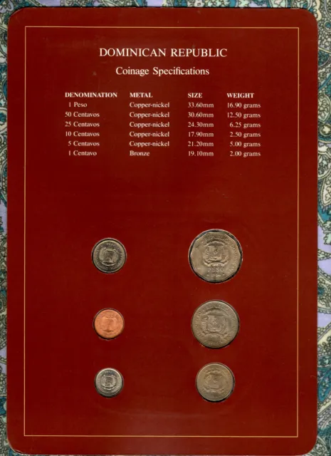 Coin Sets of All Nations Dominican w/card UNC 1 Peso, 50,25,10,5,1 Centavos 1984 2