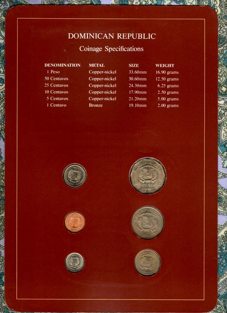 Coin Sets of All Nations Dominican w/card UNC 1 Peso, 50,25,10,5,1 Centavos 1984 2