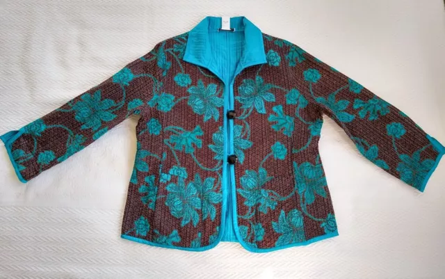 Patty Kim XL Reversible Quilted Cotton Silk Jacket pockets womens blue brown