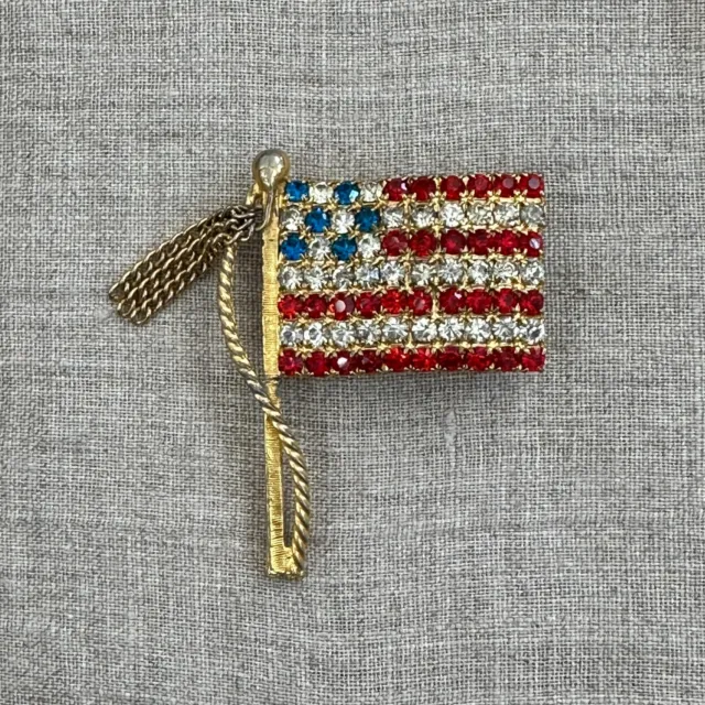 American Flag Patriotic Pin Brooch Gold Tone Red White Blue Rhinestones 2"