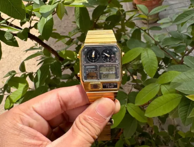 Vintage Citizen Ana-Digi Temp Robot Face Gold Black 8988-001946K Quartz Watch