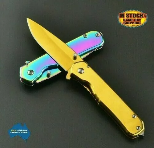 Rainbow Tactical folding knife camping stainless steel tool Mini Pocket Gold EDC