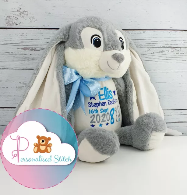 Personalised Teddy Bear Embroidered Grey Bunny Christening Gift Baby Birthday