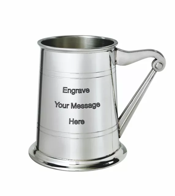 NEW Personalised 1 Pint Harp Handle Polished Pewter Tankard Any Message Engraved