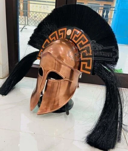 Casque Corinthien Grec Médiéval - Acier, Plume Bleu Et Blanc - Réplique Décoration Ou Cosplay