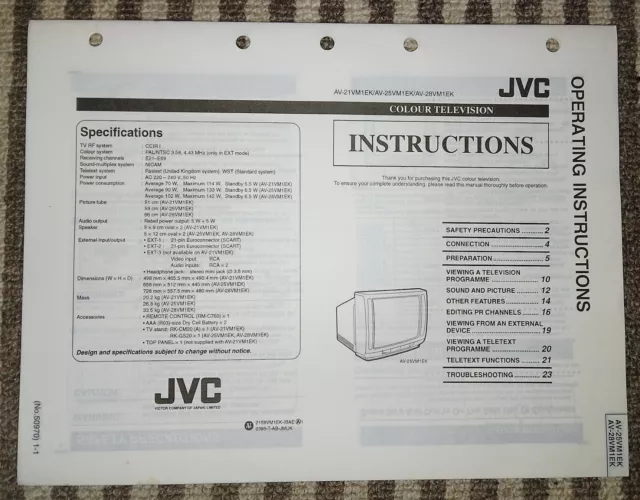 JVC AV-21VM1EK AV-25VM1EK AV-28VM1EK TV Instruction Book Operating Manual  50970