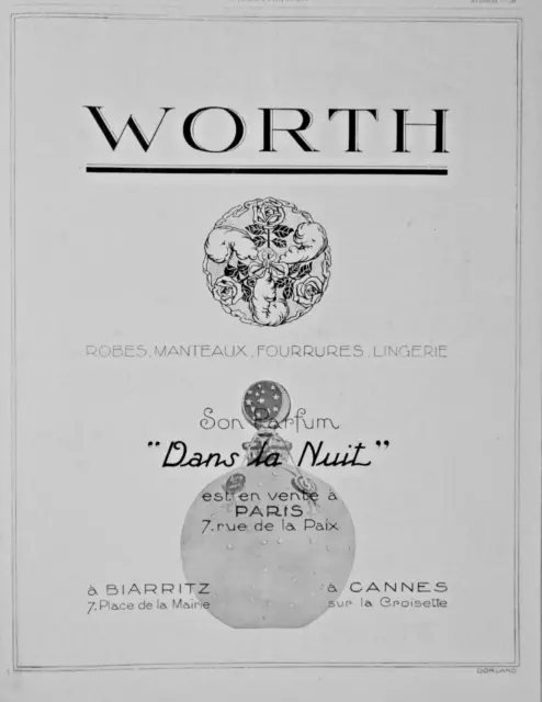 Publicité De Presse 1936 Parfum Worth Dans La Nuit - Robes Manteaux Fourrures