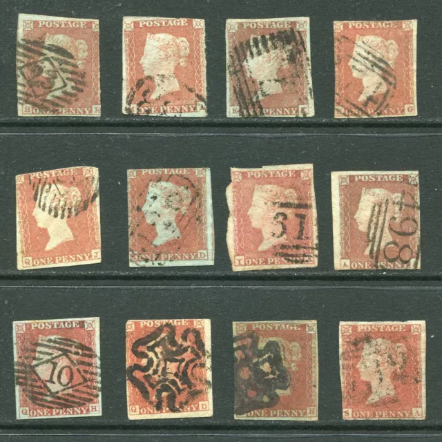 GB 1841 Queen Victoria 1d Penny Red stamps - imperf - 12 stamps SG8 Used (ET016)