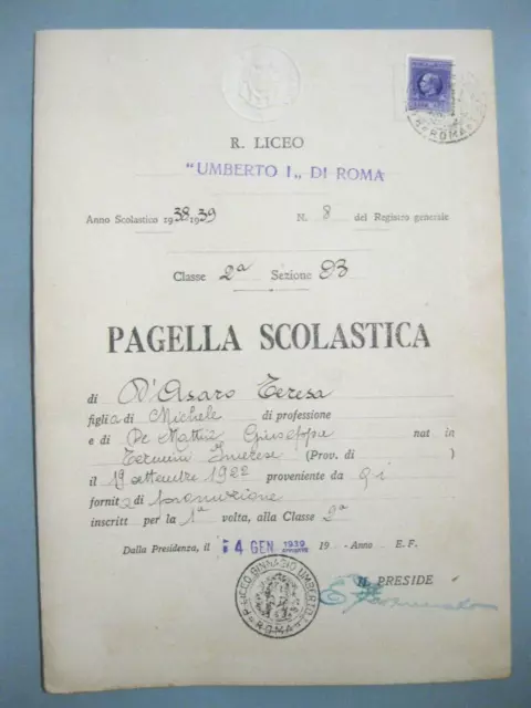 Antica Pagella Scolastica Scuola Regio Liceo Umberto I° Di Roma 1939
