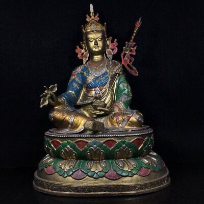 14" Chinese old Antique bronze Hand painting Tibet Padmasambhava Buddha statue