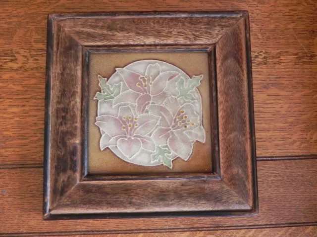 Hardwood Framed Vintage Ceramic Tile-Majolica- Ambientz -Pink flowers