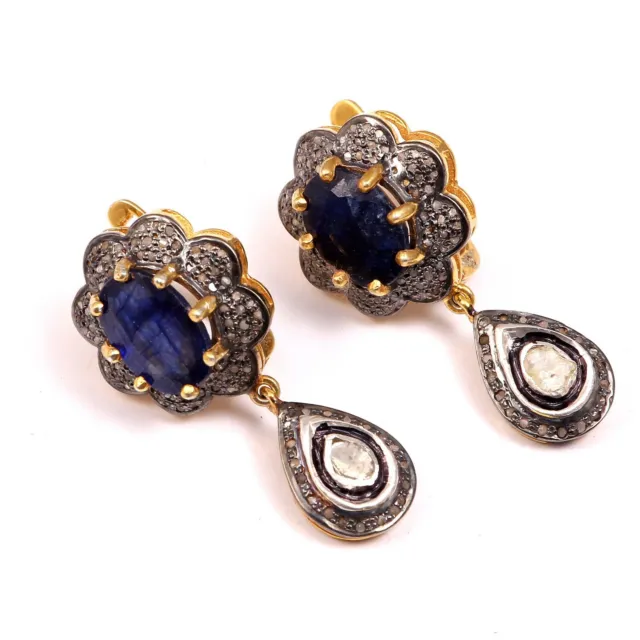 Royal Style Victorian Blue Sapphire & Rose Cut Polki Diamond 925 Silver Earring.