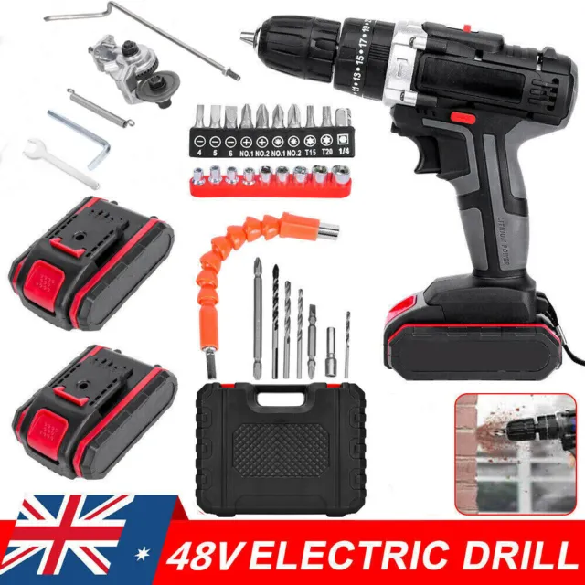 48V Cordless Drill+ 2 Battery Heavy Duty Impact Driver Brushless Hammer Kit