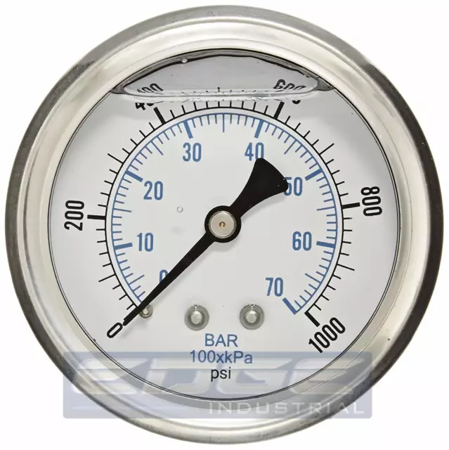 Liquid Filled Pressure Gauge 0-1000 Psi, 2.5" Face, 1/4" Back Mount Wog