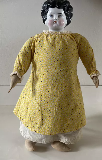ANTIQUE GERMAN CHINA SHOULDER HEAD DOLL BLACK HAIR BLUE EYES 20” Tall Cloth Body