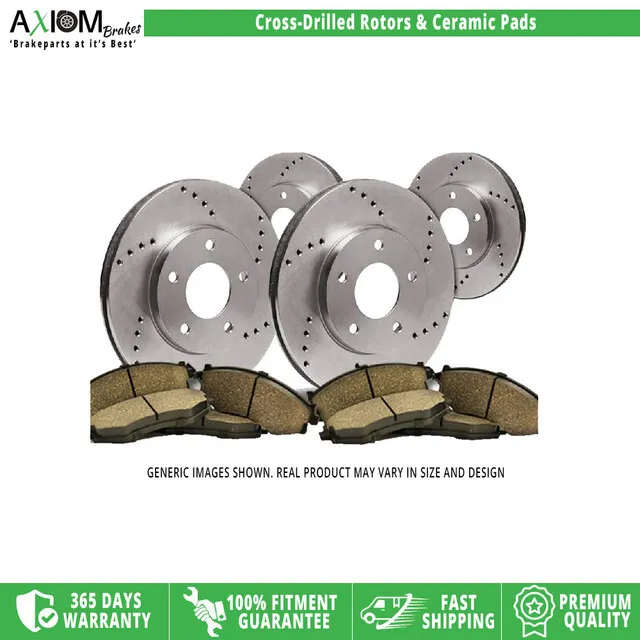 (Front-Rear Kit)Premium Cross Drilled-4 Disc Brake Rotors - 8 Ceramic Brake Pads