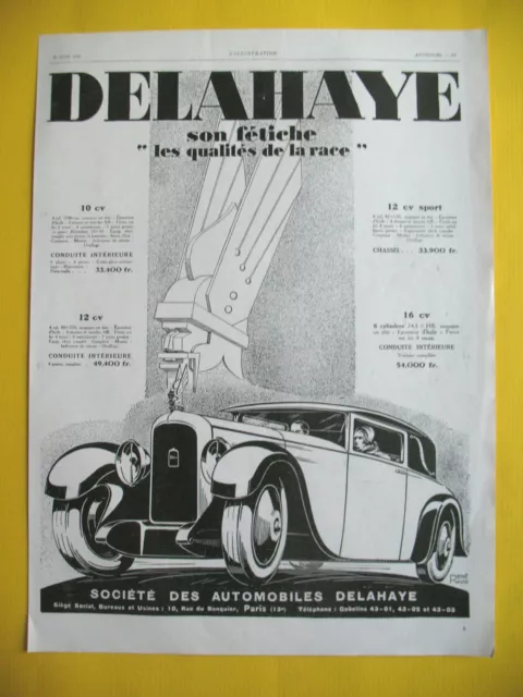 PUBLICITE DE PRESSE DELAHAYE MASCOTTE RADIATEUR ILLUSTRATION RENé RAVO AD 1928