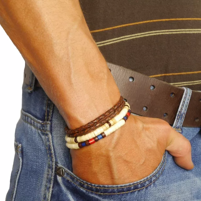 Homme Bracelet cuir Perles Surfeur String Corde Ficelle Ensemble Multicouches