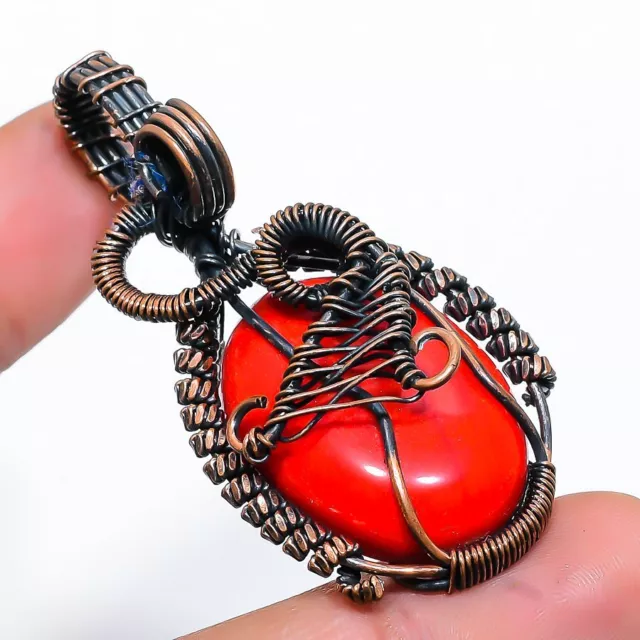 Italian Red Coral Gemstone Handmade Copper Wire Wrap Jewelry Pendant 2.29"