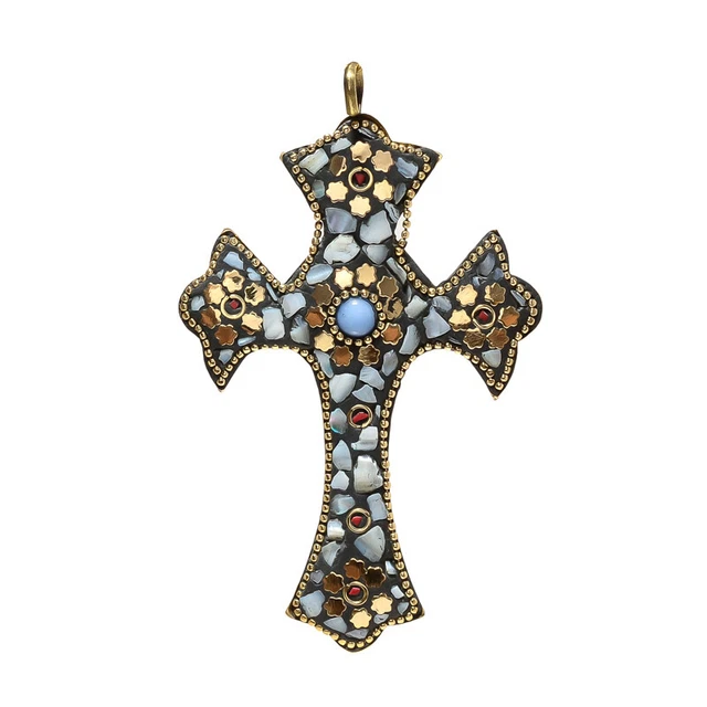 Pendentif Croix Boho Fait Main En Laiton Avec Turquoise Et Onyx Naturel - Collier 11 Cm