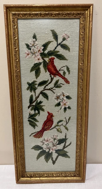 Red Cardinal Birds Blooming Tree Flowers FRAMED ART NEEDLEPOINT  26.5” X 11.5”