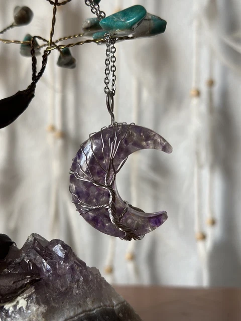NEW Amethyst PEACE Tree of Life Wire Wrapped Crescent Moon Pendant Necklace