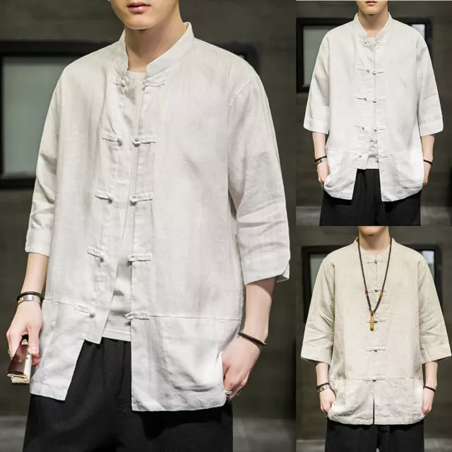 Men Cotton Linen 3/4 Sleeve Ethnic Shirt Loose Kungfu Top Blouse Frog Button