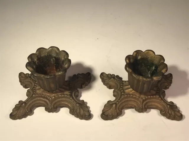 Wilton Pair Ornate Bronze Color Small Cast Iron Candle Stick Holders Victorian