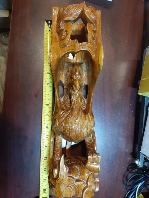 14.5"x4x4 Chinese Boxwood Wood Carved Fengshui Phoenix Fenghuang Bird