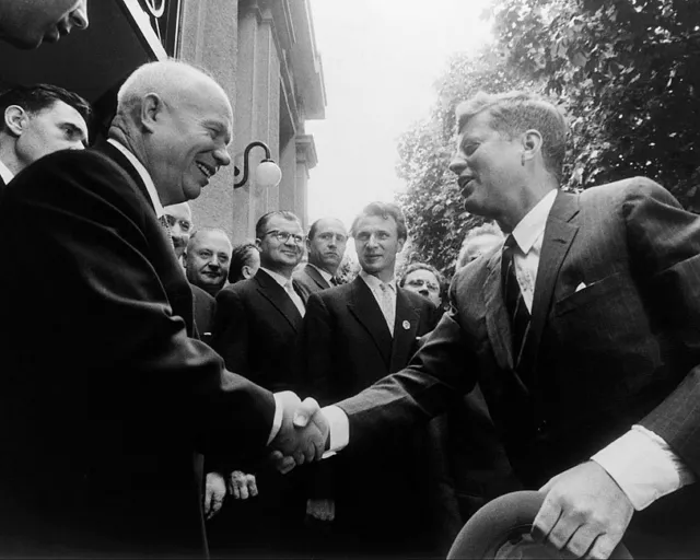 KHRUSHCHEV AND KENNEDY SHAKING HANDS 8x10 SILVER HALIDE PHOTO PRINT