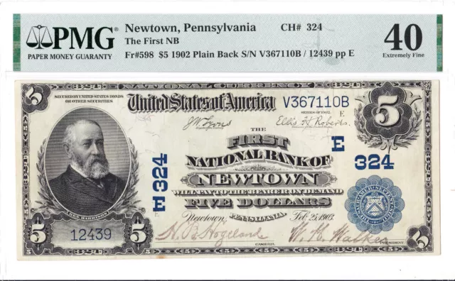 $5 1902 PB National NEWTON Pennsylvania PA "Rare" ((Only 13 on Census)) PMG 40!