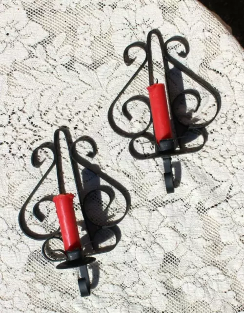 Vintage MCM 1950's Rod Iron Candle Holder Sconces W Hooks Wall Mount