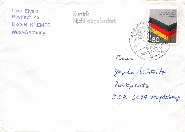 683481) Bund Postkriegbeleg mit Nr.1285 40 Jahre Eingliedrung Heimatvertriebene