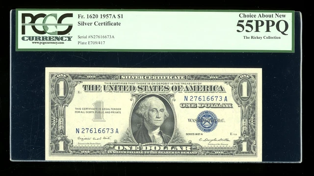 DBR $1 1957-A Silver Fr. 1620 NA Block PCGS 55 PPQ Serial N27616673A