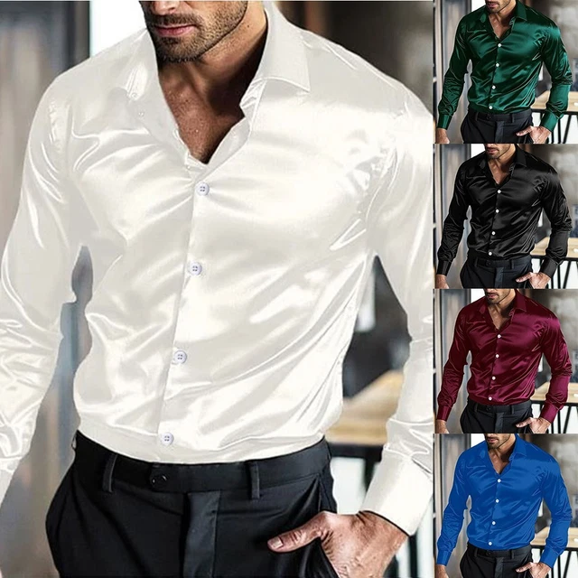 Uomo Camicia Casual Finta Seta Raso Lucido Top Con Bottoni Slim Performance - Foto 5