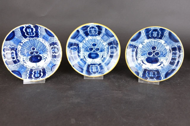 17th Century  Dutch Delft blue and white Peacock Plates, all marked