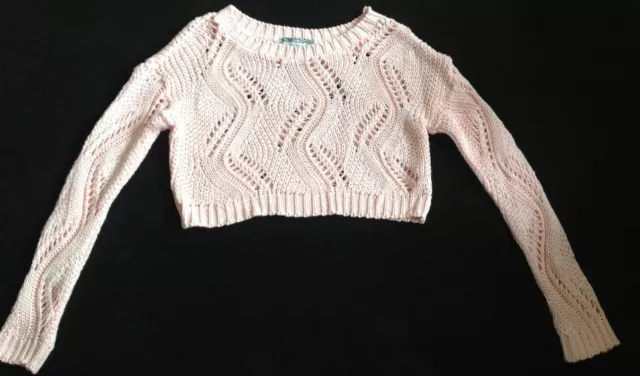 Pink chunky knit holey crochet cotton cropped jumper sweater top M/L