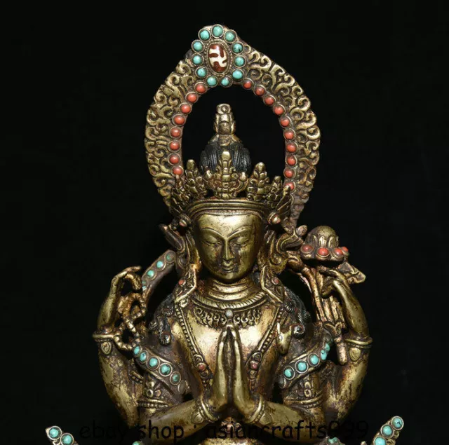 11,2 "Alt Tibet Kupfer 24 Karat Goldvergoldung 4 arme Chenrezig Buddha Statue 2