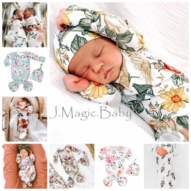 Newborn Baby Knot Swaddle Sleeping Bag Wrap Gown Hat Set Babyshower Gift