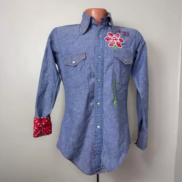 Vintage 1970s Chambray Shirt Floral Appliqué 70s Monzini Size Bandana Trim Hippy