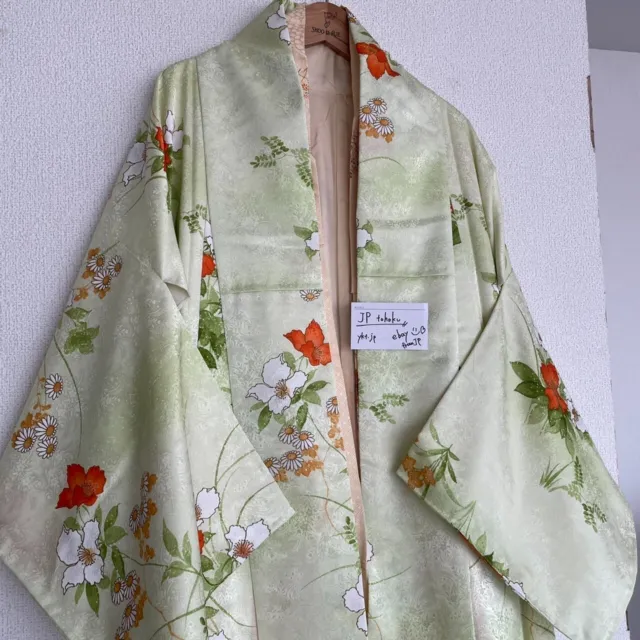 Japanese Kimono Silk Furisode Vintage Traditional flower pattern mintgreen color