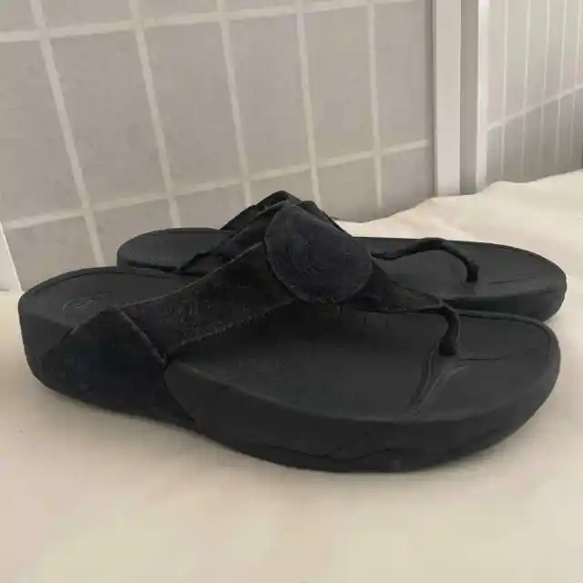 FitFlop Sz 9 Womens Oasis Flip Flop Thong Toe Post Sandals Black Suede Toning 2