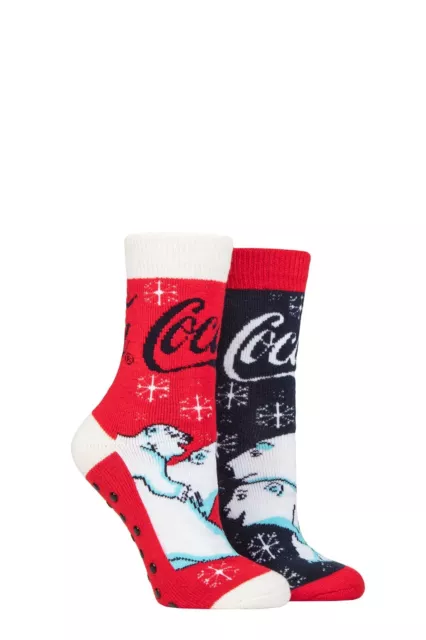 Coca Cola Ladies' Thermal Socks Brushed Inside with Anti-Slip Grip - 2 Pair Pack