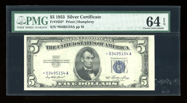 DBR $5 1953 Silver STAR Fr. 1655* PMG 64 EPQ Serial *03495154A