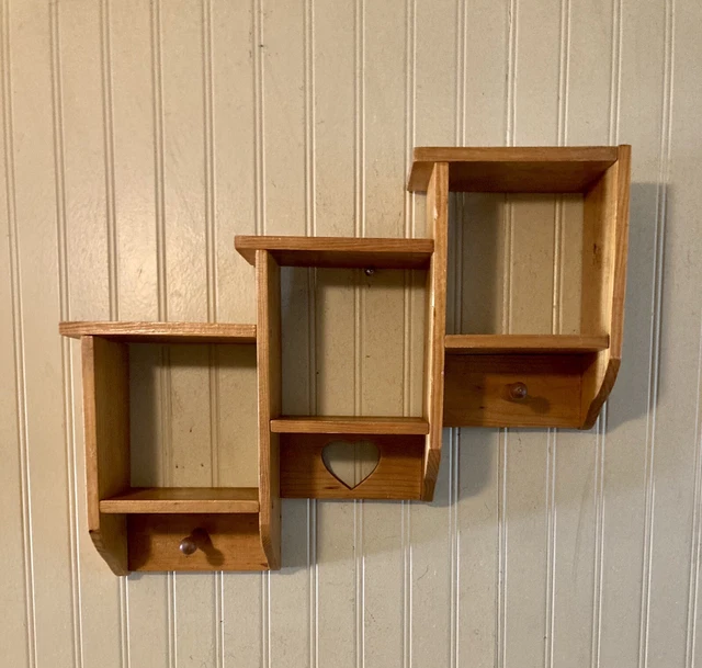 VINTAGE SOLID WOOD 3 Tier Knick Knack Wall Hanging Display Shelf With